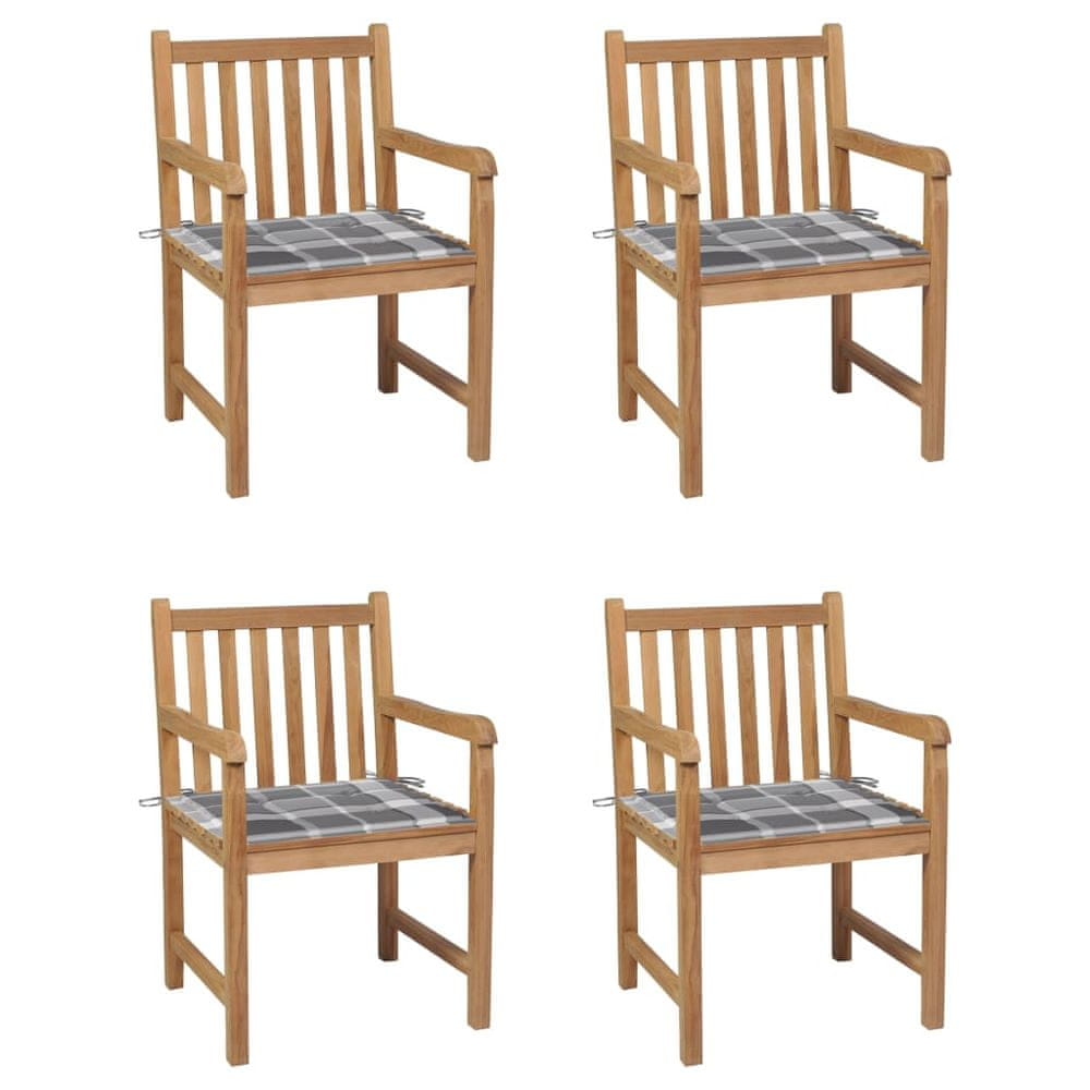 Petromila vidaXL Záhradné stoličky 4 ks, sivé kockované podložky, tíkový masív